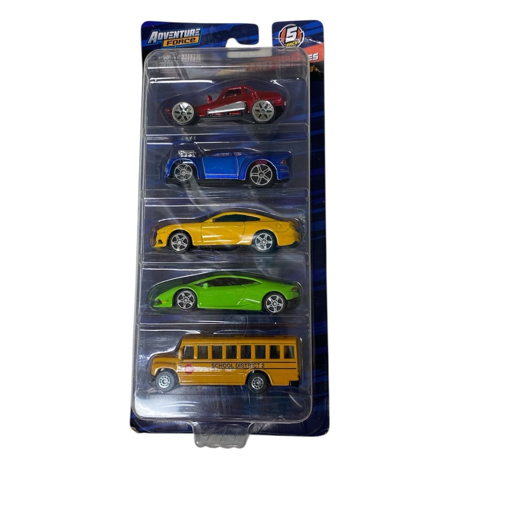 Die-Cast Toy Car Set - Red, Blue, Yellow, Green, and Yellow School Bus